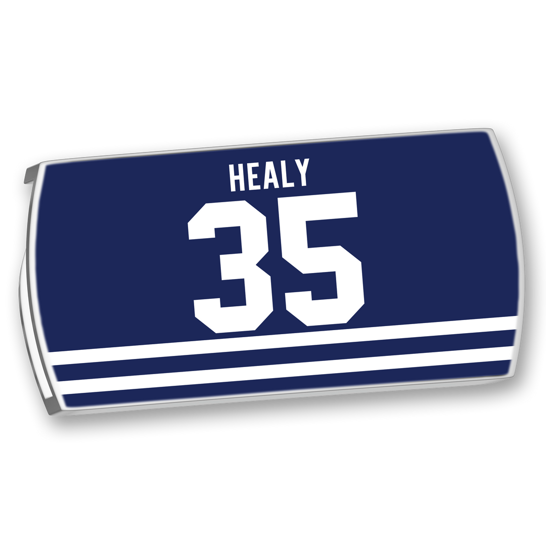 The ZippyBack™ Glenn Healy jersey is navy blue with “HEALY” and the number 35 in white, plus three white stripes near the bottom, inspired by Glenn Healy’s NHL career.