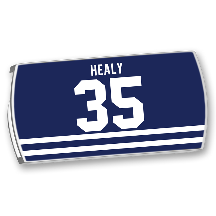 The ZippyBack™ Glenn Healy jersey is navy blue with “HEALY” and the number 35 in white, plus three white stripes near the bottom, inspired by Glenn Healy’s NHL career.