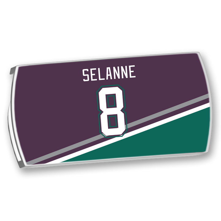 A ZippyBack™ nameplate featuring "Teemu Selänne" and the number 8, styled with a purple and green diagonal design with white trim.