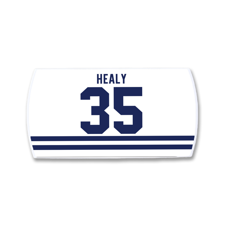 The ZippyBack™ Glenn Healy jersey is a white sports top with dark blue stripes, displaying "Healy" and the number 35 in bold blue from his NHL career.