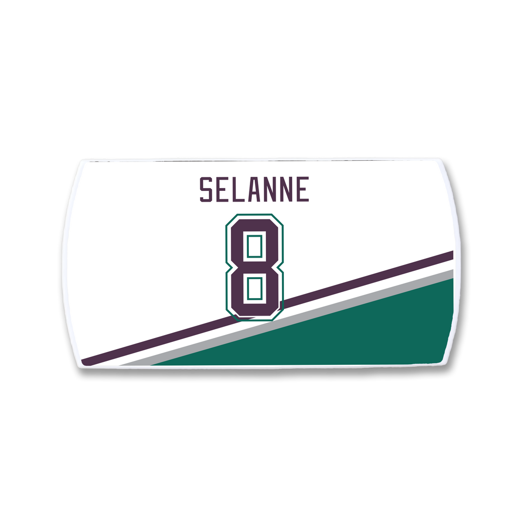 The ZippyBack™ Teemu Selänne nameplate features white fabric with "Selänne" and number 8 above a maroon, white, and green stripe—ideal for fans of this legendary hockey winger.