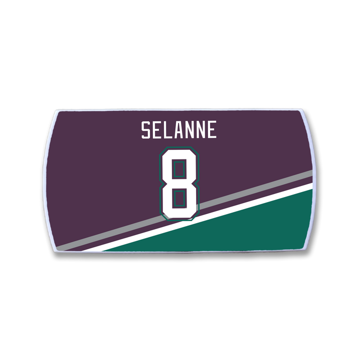The ZippyBack™ Teemu Selänne nameplate features white letters and the number 8 on a dark purple background with diagonal teal and white stripes.