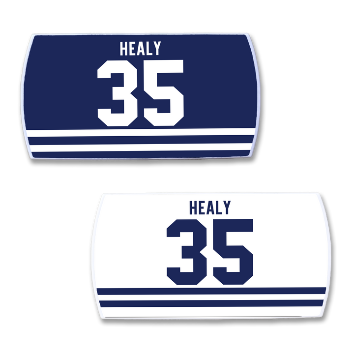 Two rectangular ZippyBack™ nameplates for Glenn Healy—one navy blue, one white—each features "HEALY" and number 35 above blue stripes, honoring the NHL goaltender’s career.