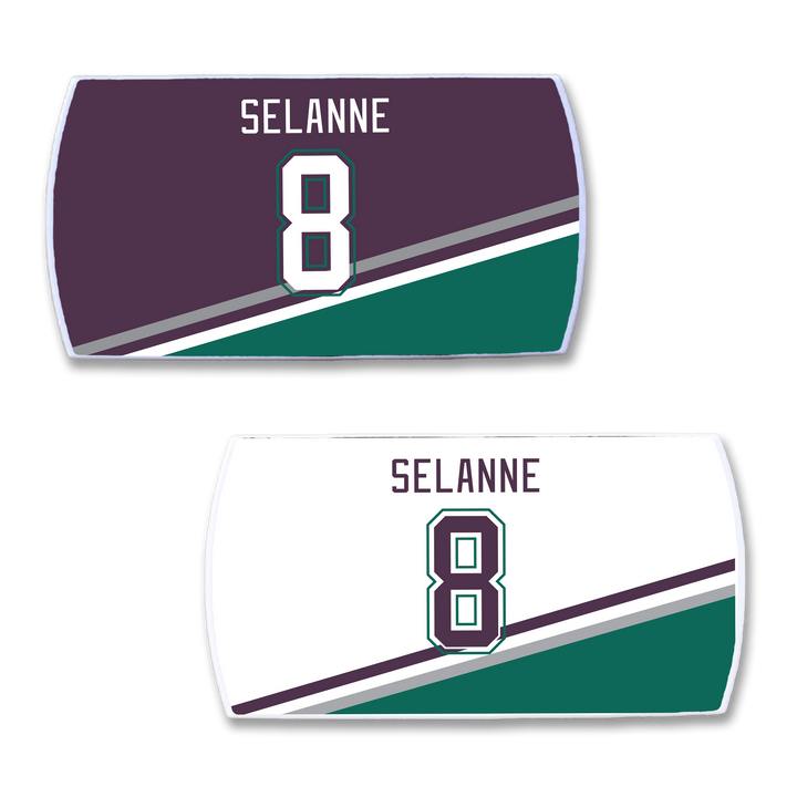 Two ZippyBack™ hockey jersey nameplates feature Teemu Selänne and number 8—one in dark purple with white and green stripes, the other in white with purple and green—honoring the legendary winger.