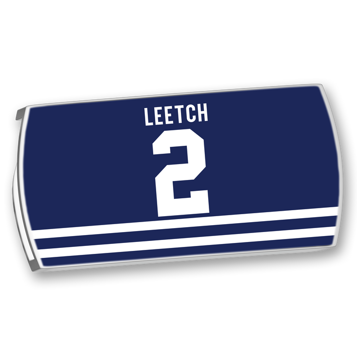 The ZippyBack™ Brian Leetch nameplate is a navy blue hockey jersey piece with "Leetch" and number 2 in white, plus three horizontal white stripes near the bottom.