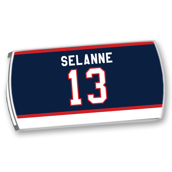 A rectangular ZippyBack™ sticker featuring "Teemu Selänne" in white above the number 13, set on a navy background with a red border and a white stripe along the bottom.