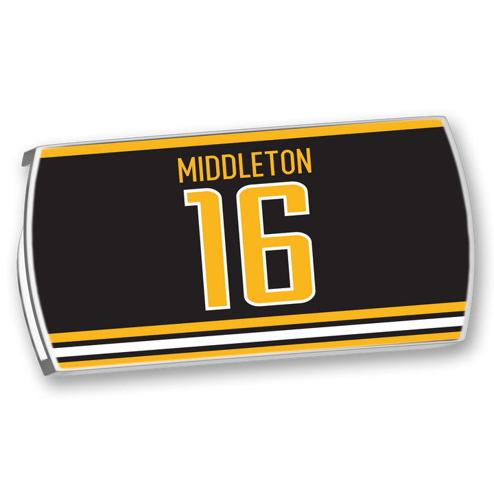 The ZippyBack™ Rick Middleton card features a rectangular black design with gold and white stripes, showcasing "Middleton" above a bold number 16 to honor his legacy as an elite winger and offensive star.