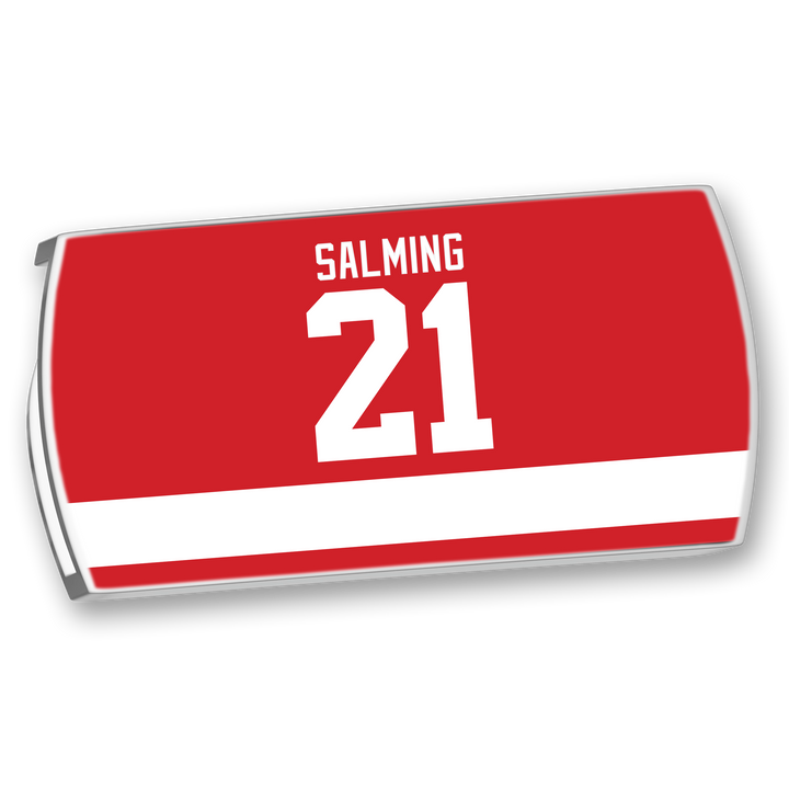 The ZippyBack™ Börje Salming red hockey jersey nameplate features "SALMING" and number 21 in white above a thick white stripe, honoring hockey legend Börje Salming.