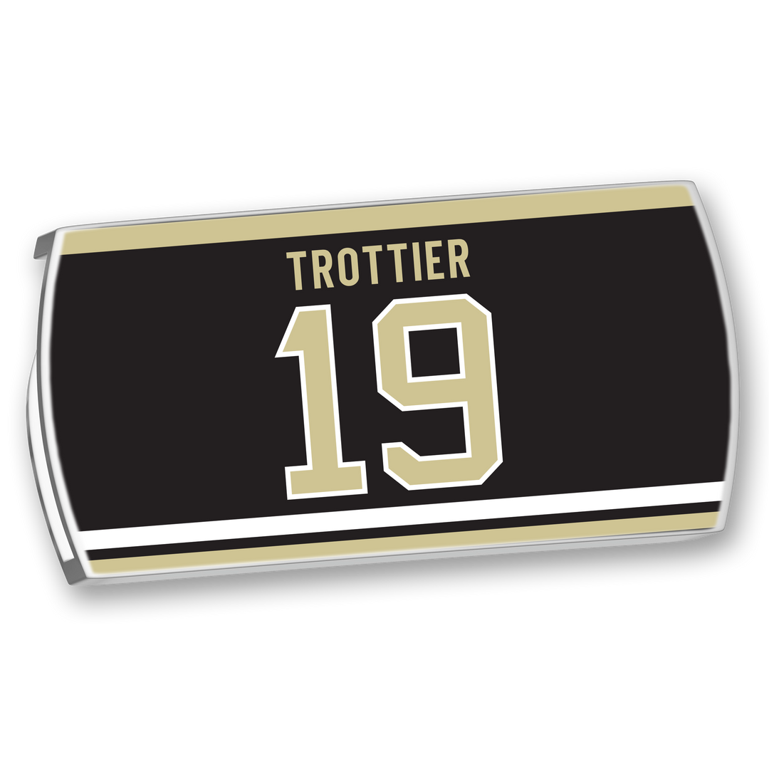 A ZippyBack™ rectangular hockey sticker: black background, gold and white stripes, "TROTTIER" in gold, and large gold number 19—honoring Bryan Trottier&