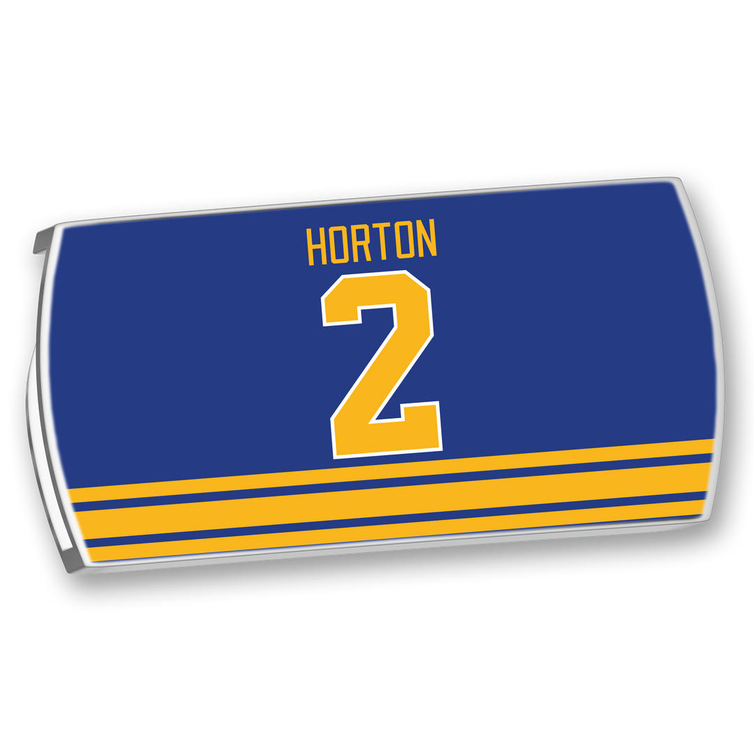 A ZippyBack™ blue hockey jersey honoring Tim Horton, featuring his name and number 2 in yellow, plus yellow horizontal stripes near the hem.
