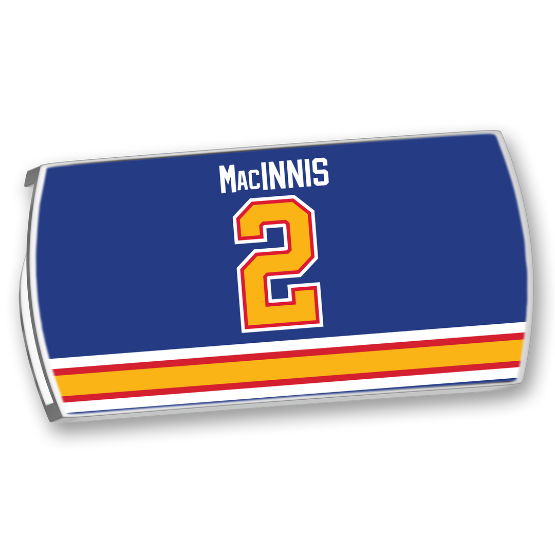The ZippyBack™ Al MacInnis nameplate is a blue hockey locker plate with MACINNIS and the number 2 in white, red, and yellow, plus bold stripes. It honors legendary player Al MacInnis, famed for his powerful slapshot.