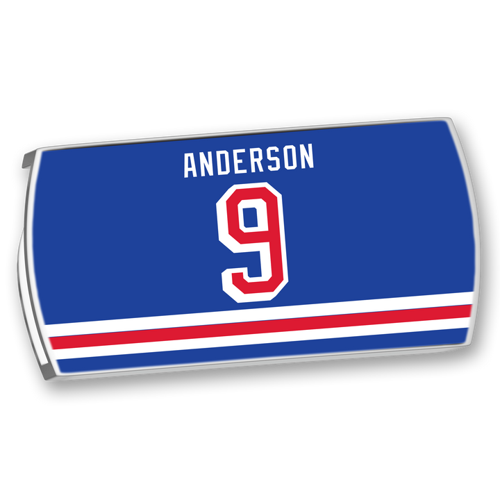 A blue rectangular ZippyBack™ sports nameplate featuring "Glenn Anderson" in white above a bold red and white number 9, with three horizontal red and white stripes at the bottom.