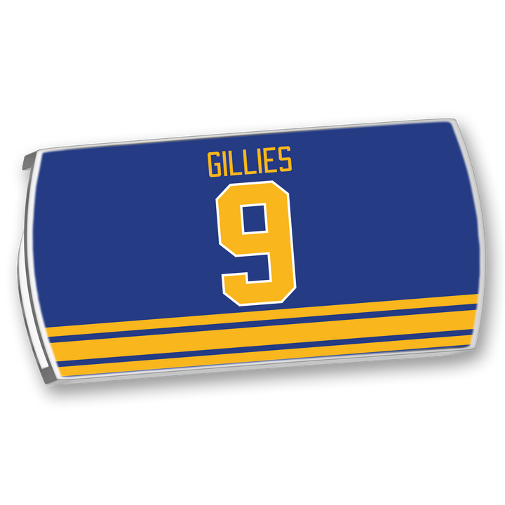 Show your Clark Gillies pride with the ZippyBack™ jersey—blue with yellow stripes, “GILLIES” and number 9 in bold yellow, celebrating the legendary power forward.
