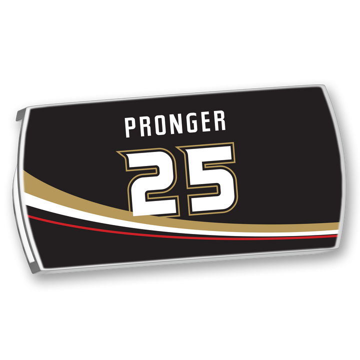 A ZippyBack™ Chris Pronger black hockey jersey nameplate featuring his name and 25 in white and gold, with curved gold, white, and red stripes below.