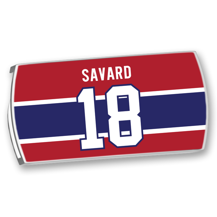 A ZippyBack™ rectangular sticker with a red background, navy blue and white stripes, features "Denis Savard" above a bold white number 18—perfect for fans of the legendary hockey star.