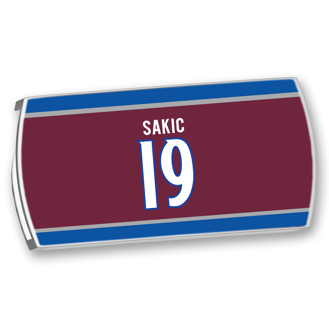 The ZippyBack™ Joe Sakic hockey nameplate displays “SAKIC” and number 19 in white and blue on maroon with blue and gray stripes, honoring Joe Sakic’s elite vision and precise wrist shot.