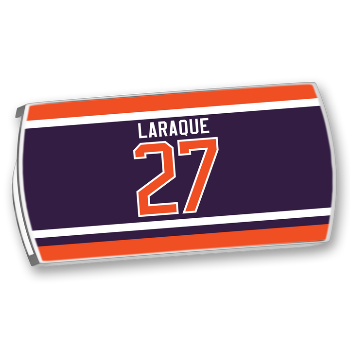 The ZippyBack™ Georges Laraque nameplate is a rectangular navy blue hockey jersey patch with "Laraque" and number 27 in orange and white, bordered by orange and white stripes—a tribute to the iconic enforcer.