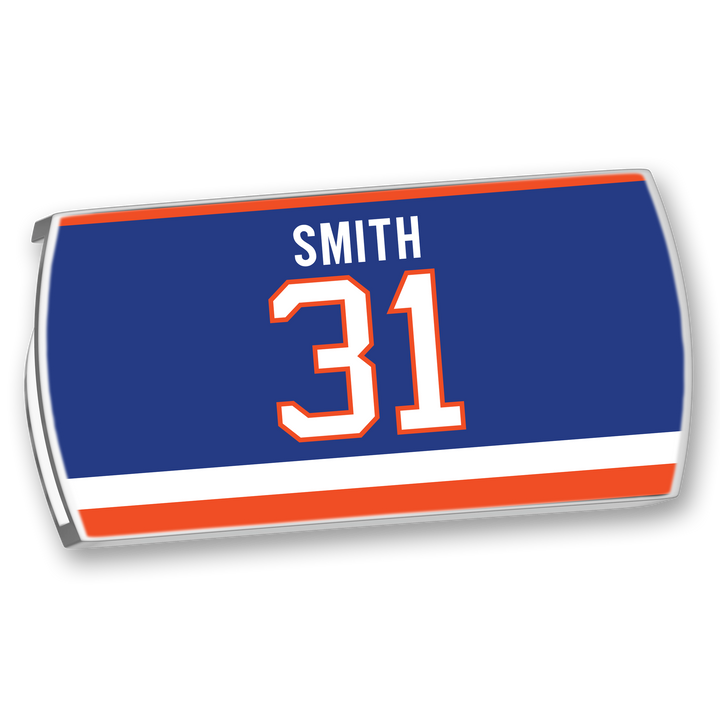 A rectangular ZippyBack™ sticker honoring Billy Smith features a blue background, white and orange stripes, the name "Billy Smith," and a bold number 31 in large white letters with orange outlines.