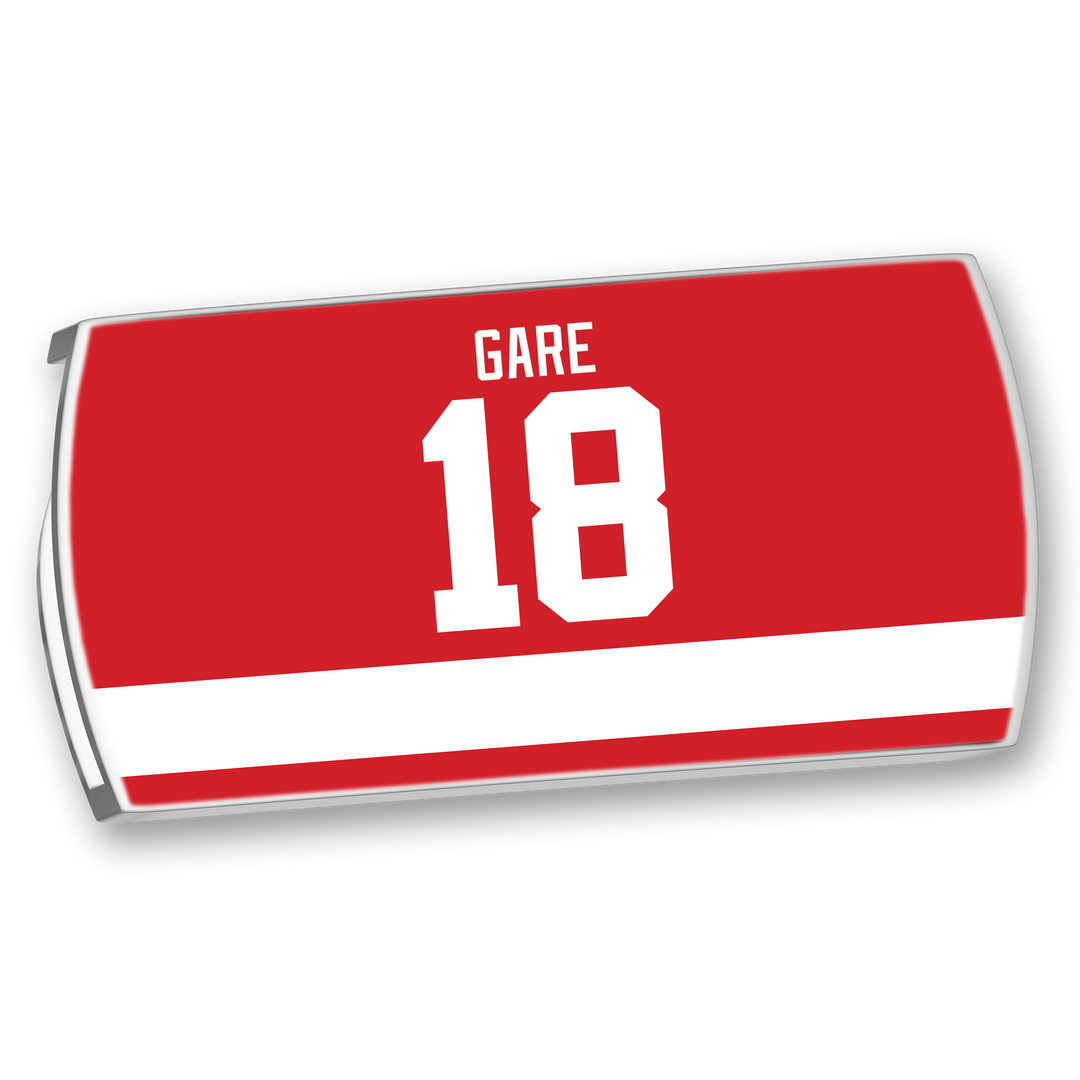 The ZippyBack™ Danny Gare jersey features a bold red design with a white stripe, GARE’s name above the number 18—ideal for players who love scoring and leading the offense on the field.