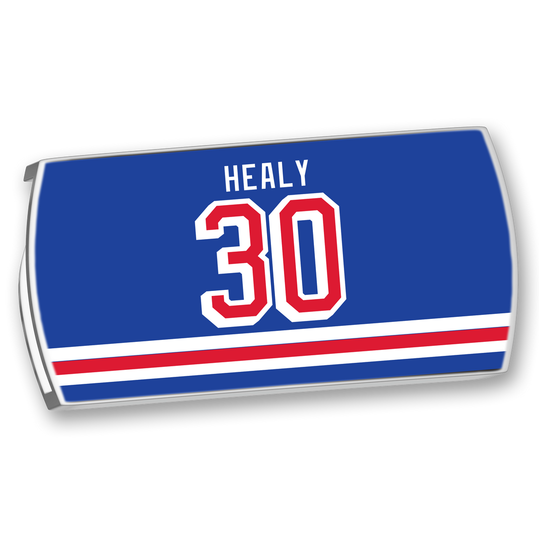 A blue rectangle from ZippyBack™ featuring "HEALY" and "30" in white and red above two red/white stripes—honoring NHL goalie Glenn Healy.