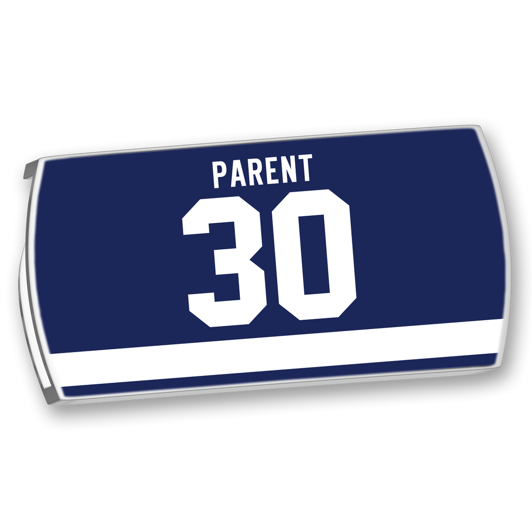The ZippyBack™ Bernie Parent navy blue jersey nameplate features "PARENT" in white above the white number 30 and a horizontal white stripe, honoring Parent&