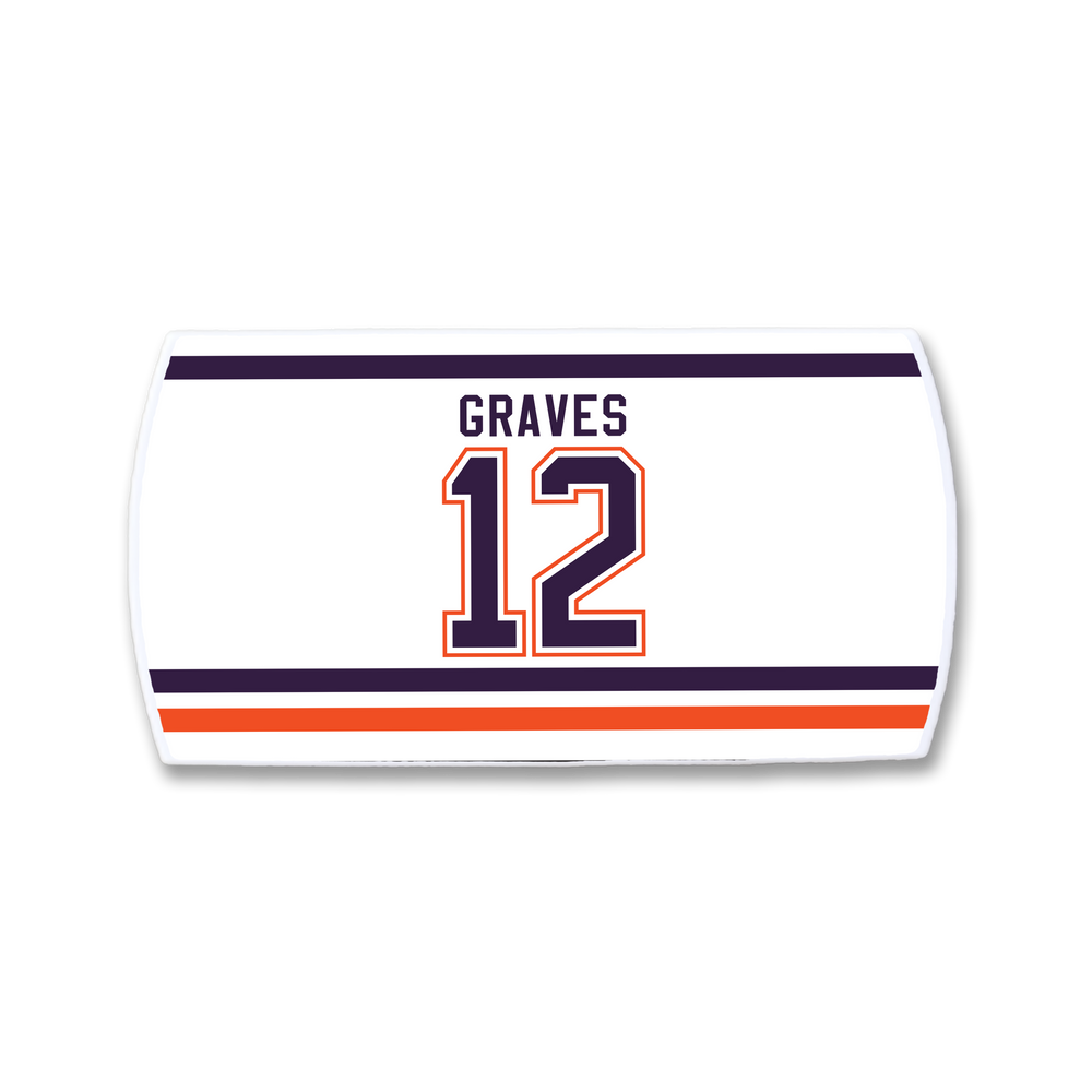 The ZippyBack™ Adam Graves nameplate features "GRAVES" in bold black above the number 12 in orange with a navy outline, set on white and flanked by dynamic navy and orange stripes that capture the game’s intensity.
