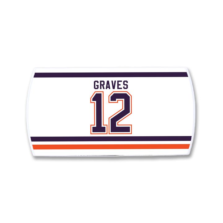 The ZippyBack™ Adam Graves nameplate features "GRAVES" in bold black above the number 12 in orange with a navy outline, set on white and flanked by dynamic navy and orange stripes that capture the game’s intensity.
