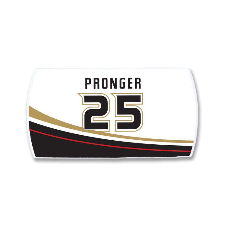 The ZippyBack™ Chris Pronger hockey jersey nameplate features "PRONGER" and number 25 in black and gold on white, above curved black, gold, and red stripes—honoring Pronger&