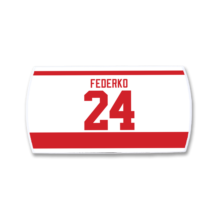 The ZippyBack™ Bernie Federko hockey jersey nameplate features white fabric with red stripes, displaying FEDERKO and the number 24 in bold red—a tribute to his legendary hockey vision.