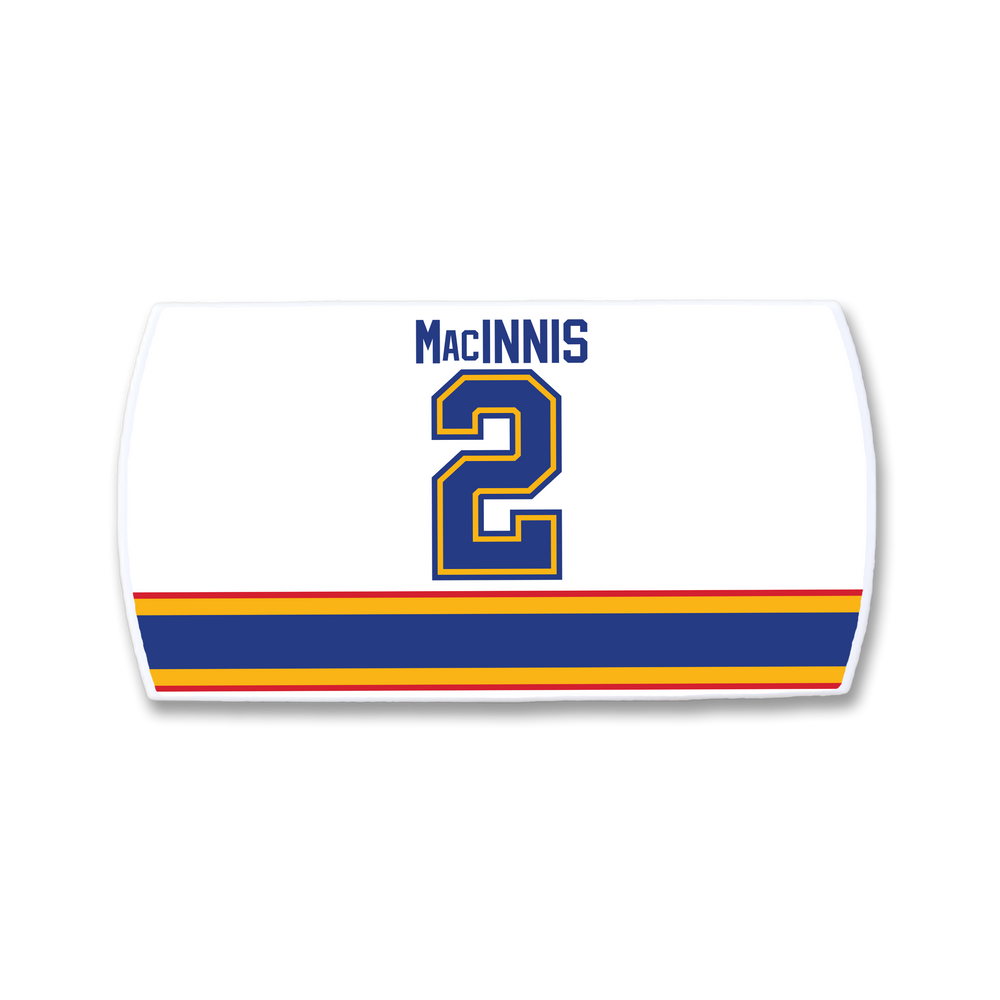 The ZippyBack™ Al MacInnis nameplate is a white hockey jersey panel with blue and yellow "2," bold blue, yellow, and orange bottom stripes—a true tribute to MacInnis’s legendary slapshot.