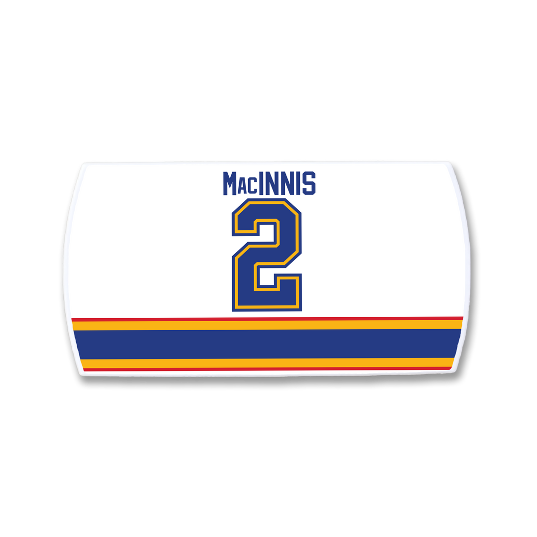 The ZippyBack™ Al MacInnis nameplate is a white hockey jersey panel with blue and yellow "2," bold blue, yellow, and orange bottom stripes—a true tribute to MacInnis’s legendary slapshot.