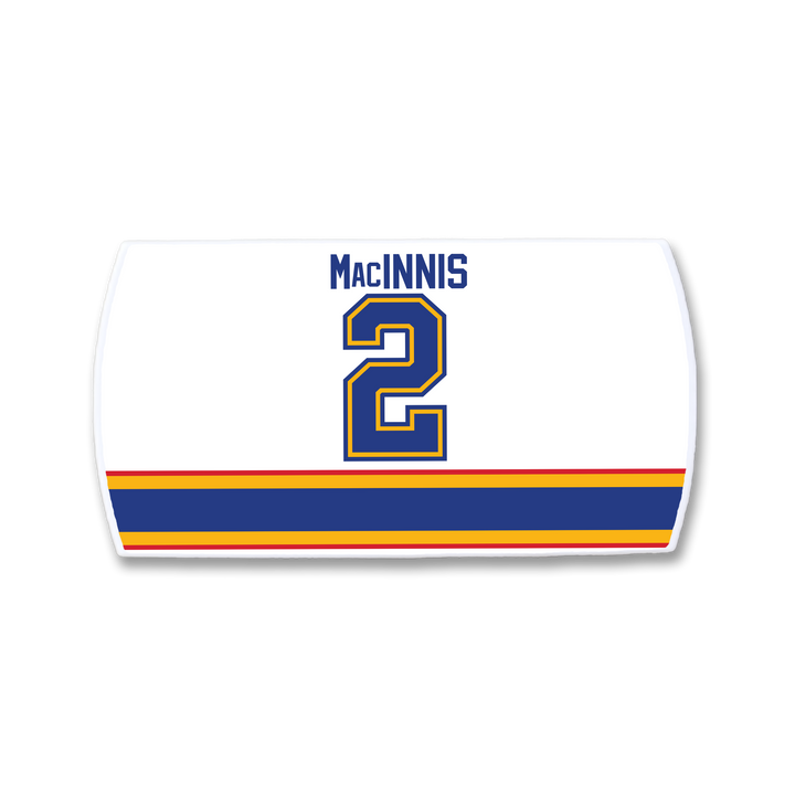 The ZippyBack™ Al MacInnis nameplate is a white hockey jersey panel with blue and yellow "2," bold blue, yellow, and orange bottom stripes—a true tribute to MacInnis’s legendary slapshot.