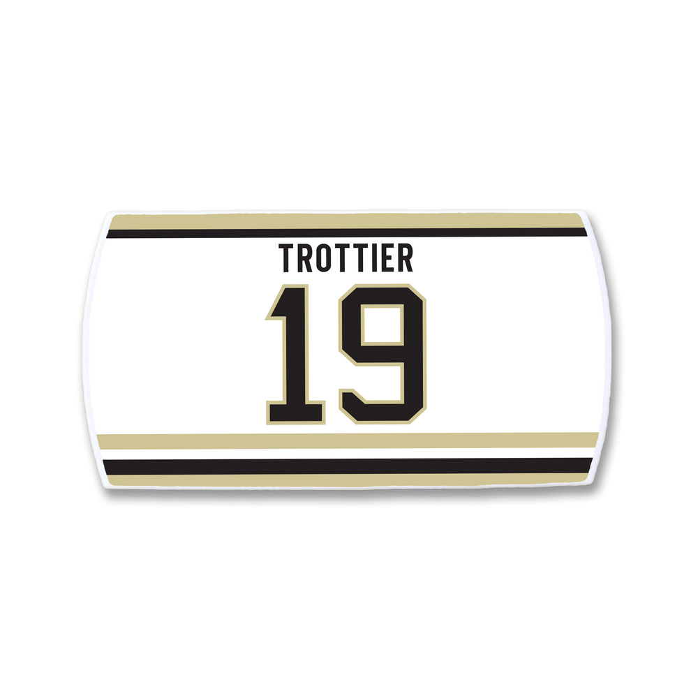 A ZippyBack™ Bryan Trottier white rectangular hockey jersey nameplate with black and gold stripes, TROTTIER in bold black letters above number 19 outlined in gold—celebrating his impact on the sport.