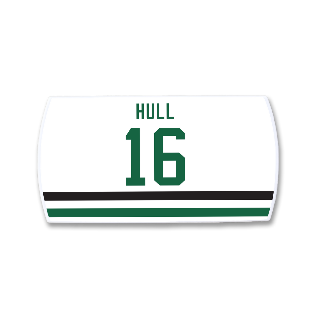The ZippyBack™ Brett Hull jersey is white with "HULL" and number 16 in green, honoring the legendary goal scorer. It features two green and one black horizontal stripes near the bottom.