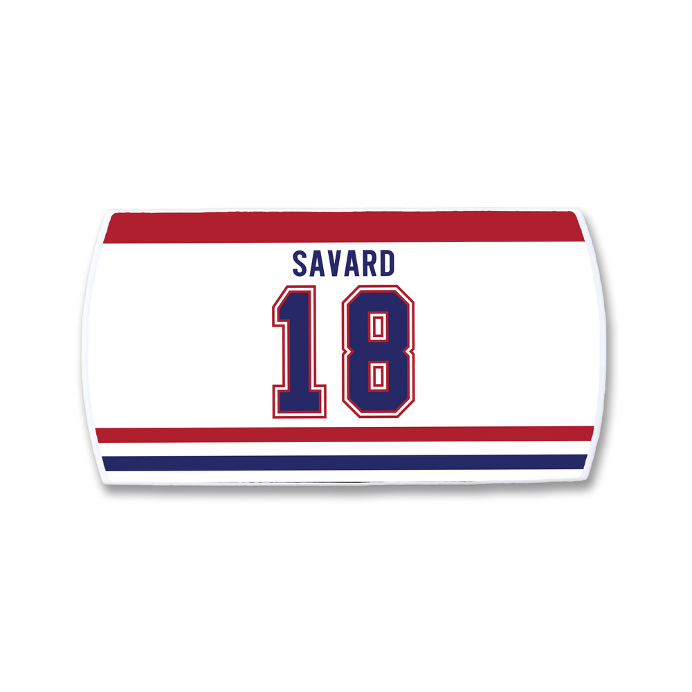 A ZippyBack™ Denis Savard hockey jersey nameplate in white, featuring "SAVARD" in blue above blue-outlined number 18, with red and blue stripes—honoring Denis Savard’s iconic legacy.