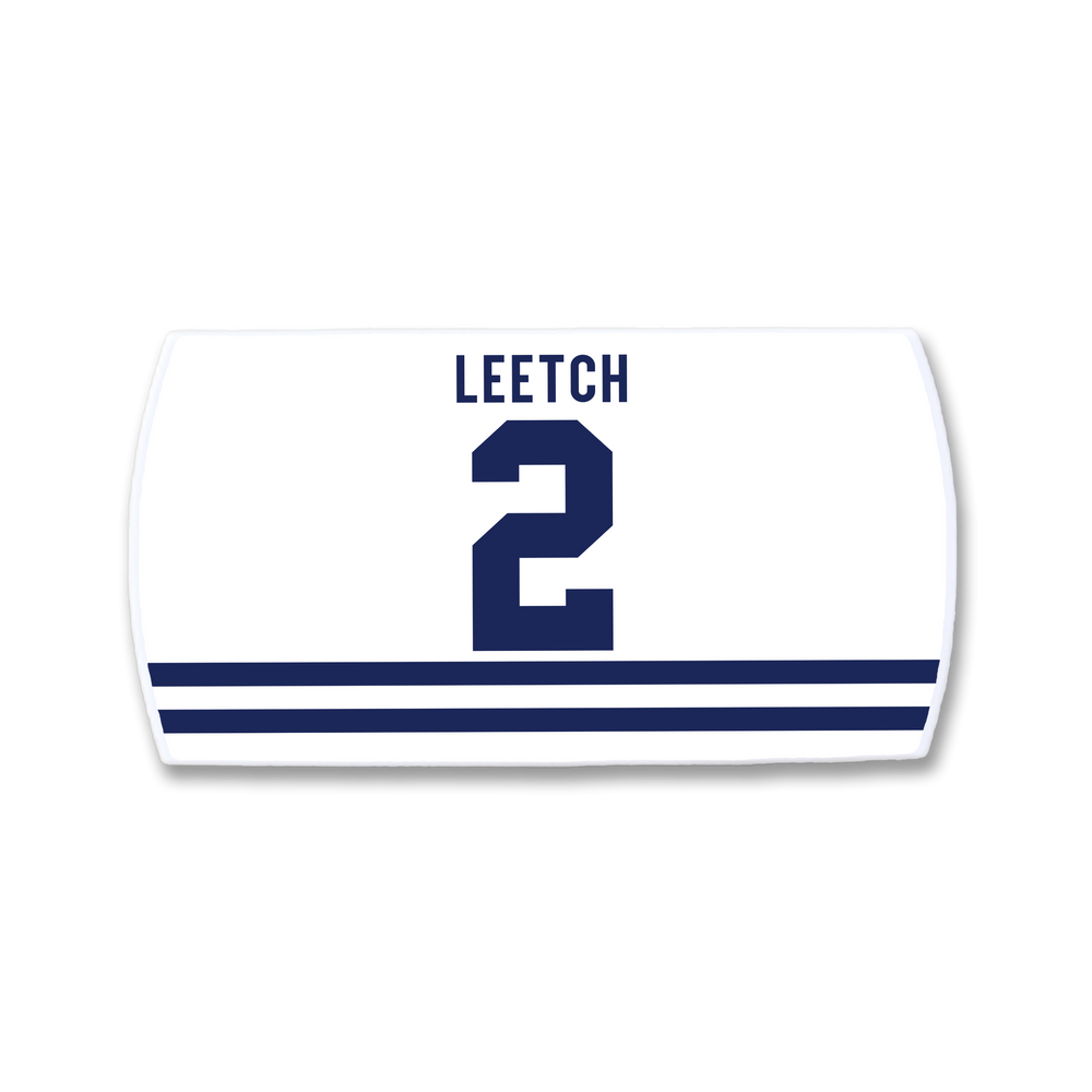 A ZippyBack™ Brian Leetch nameplate: white, showcasing the name LEETCH and number 2 in navy blue above three bold navy blue stripes, honoring the iconic defenseman.