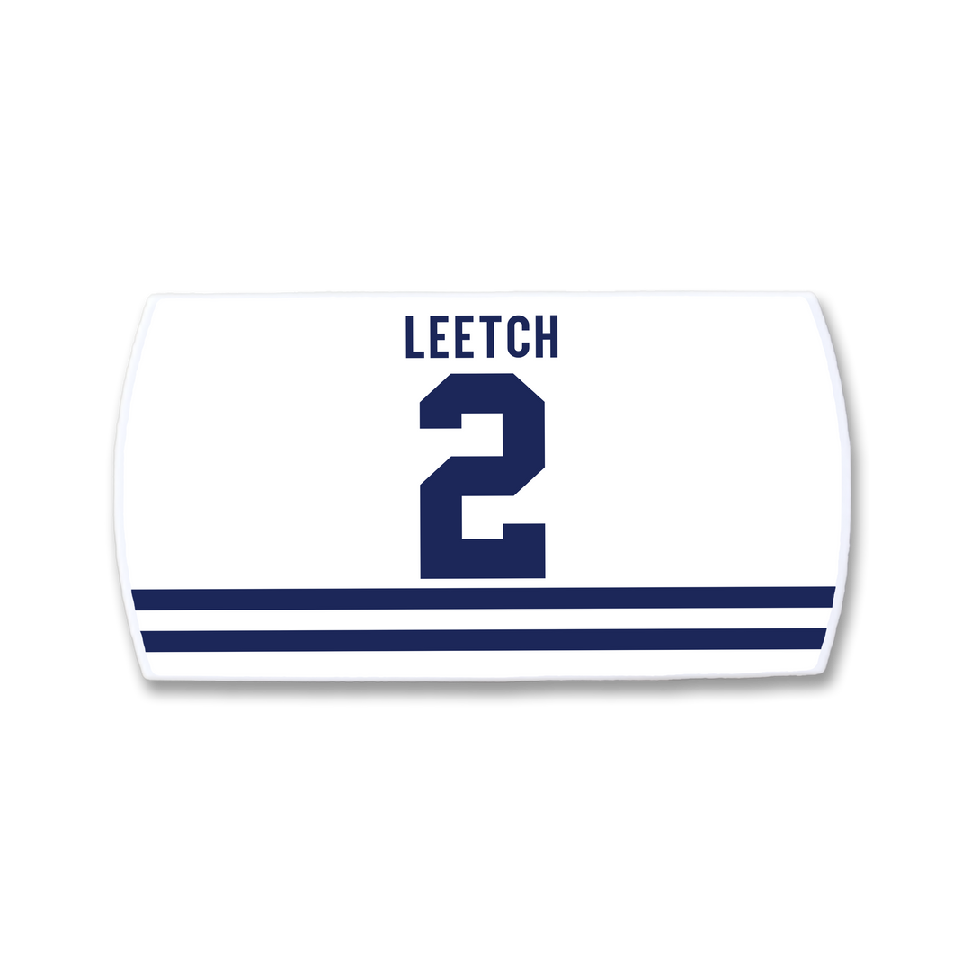 A ZippyBack™ Brian Leetch nameplate: white, showcasing the name LEETCH and number 2 in navy blue above three bold navy blue stripes, honoring the iconic defenseman.