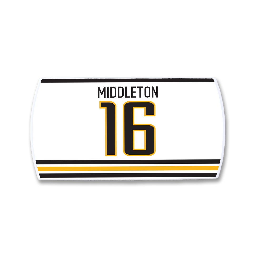 The ZippyBack™ Rick Middleton white sports jersey features "RICK MIDDLETON" above a large black and gold 16, honoring the legendary winger, with two matching stripes near the bottom.