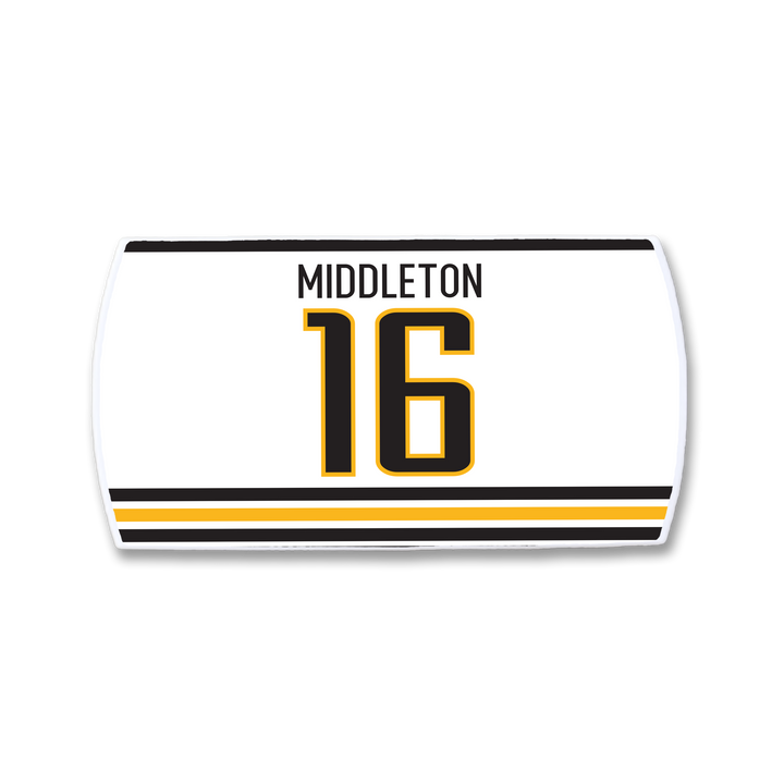 The ZippyBack™ Rick Middleton white sports jersey features "RICK MIDDLETON" above a large black and gold 16, honoring the legendary winger, with two matching stripes near the bottom.