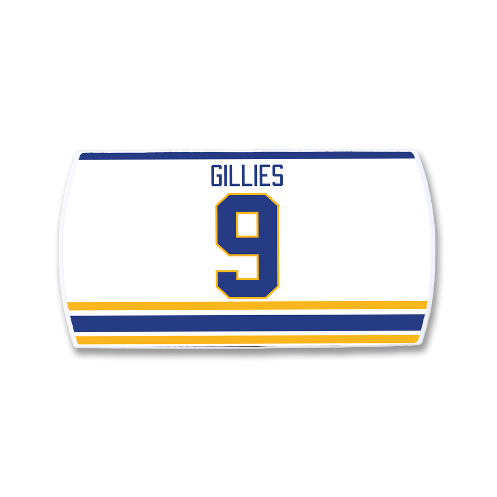 The ZippyBack™ Clark Gillies jersey is white with blue and yellow stripes at the bottom, featuring GILLIES and a large number 9 on the back, celebrating the legendary power forward’s scoring ability.
