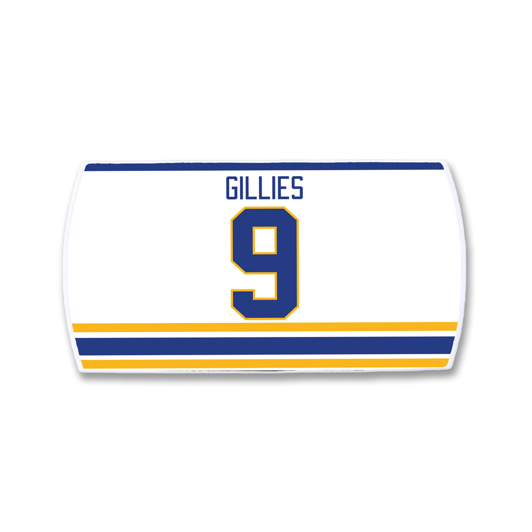 The ZippyBack™ Clark Gillies jersey is white with blue and yellow stripes at the bottom, featuring GILLIES and a large number 9 on the back, celebrating the legendary power forward’s scoring ability.
