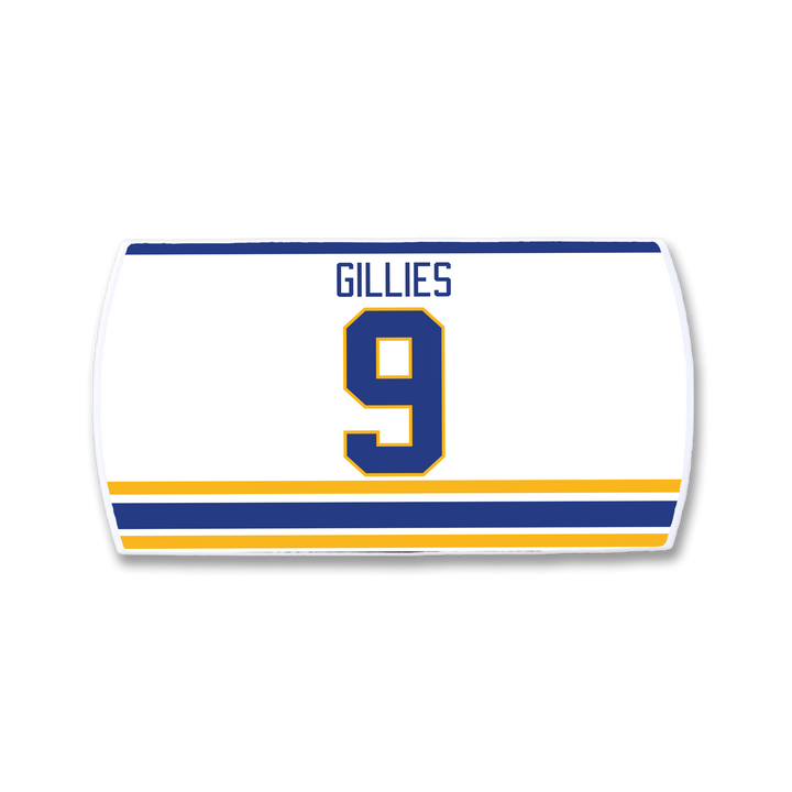 The ZippyBack™ Clark Gillies jersey is white with blue and yellow stripes at the bottom, featuring GILLIES and a large number 9 on the back, celebrating the legendary power forward’s scoring ability.
