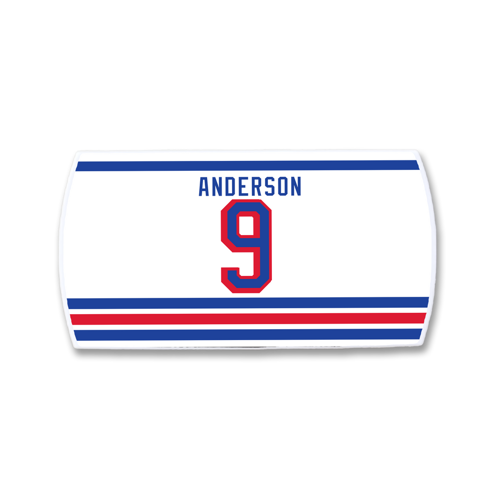 The ZippyBack™ Glenn Anderson nameplate is a white rectangle with blue and red stripes, featuring "ANDERSON" in blue and the number 9 in red with a blue outline—a tribute to the legendary clutch scorer.
