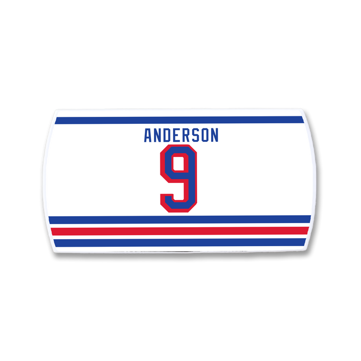 The ZippyBack™ Glenn Anderson nameplate is a white rectangle with blue and red stripes, featuring "ANDERSON" in blue and the number 9 in red with a blue outline—a tribute to the legendary clutch scorer.