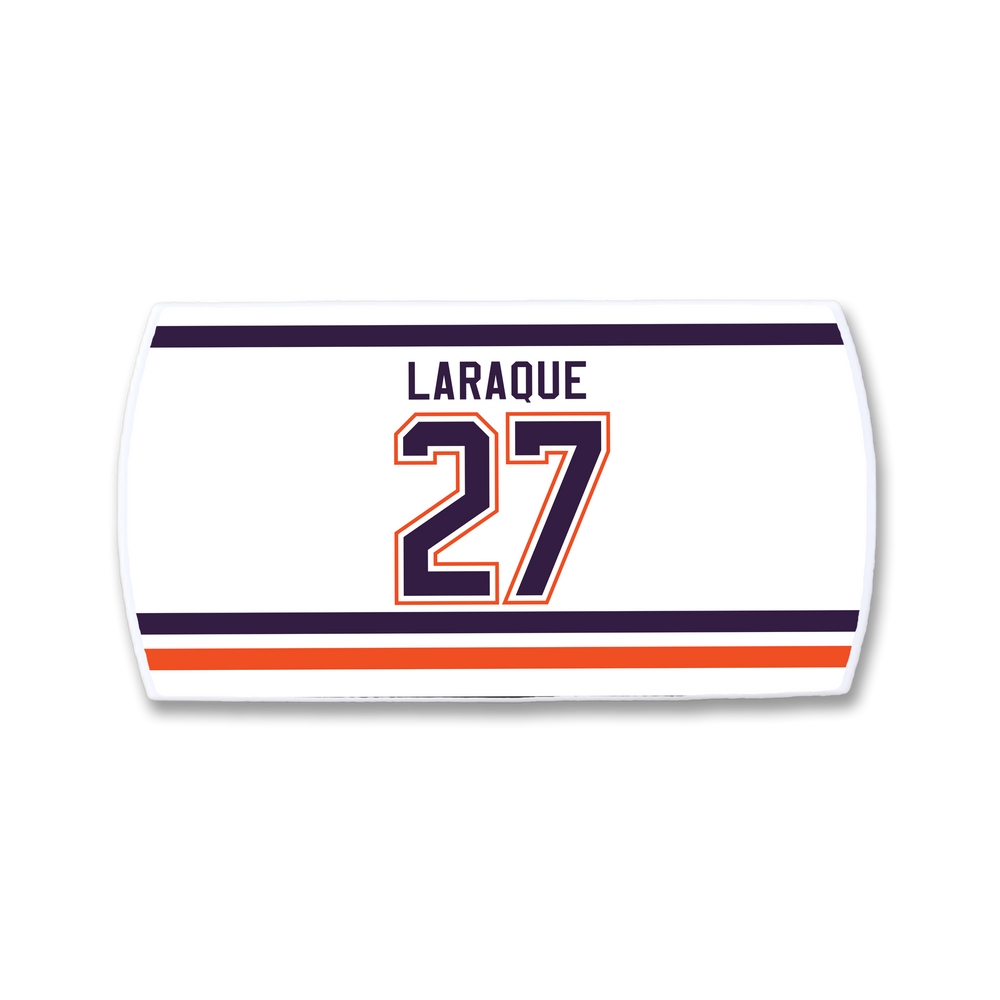 The ZippyBack™ Georges Laraque nameplate is a white hockey jersey patch featuring "LARAQUE" above the number 27 in blue and orange with horizontal stripes—a tribute to legendary enforcer Georges Laraque.