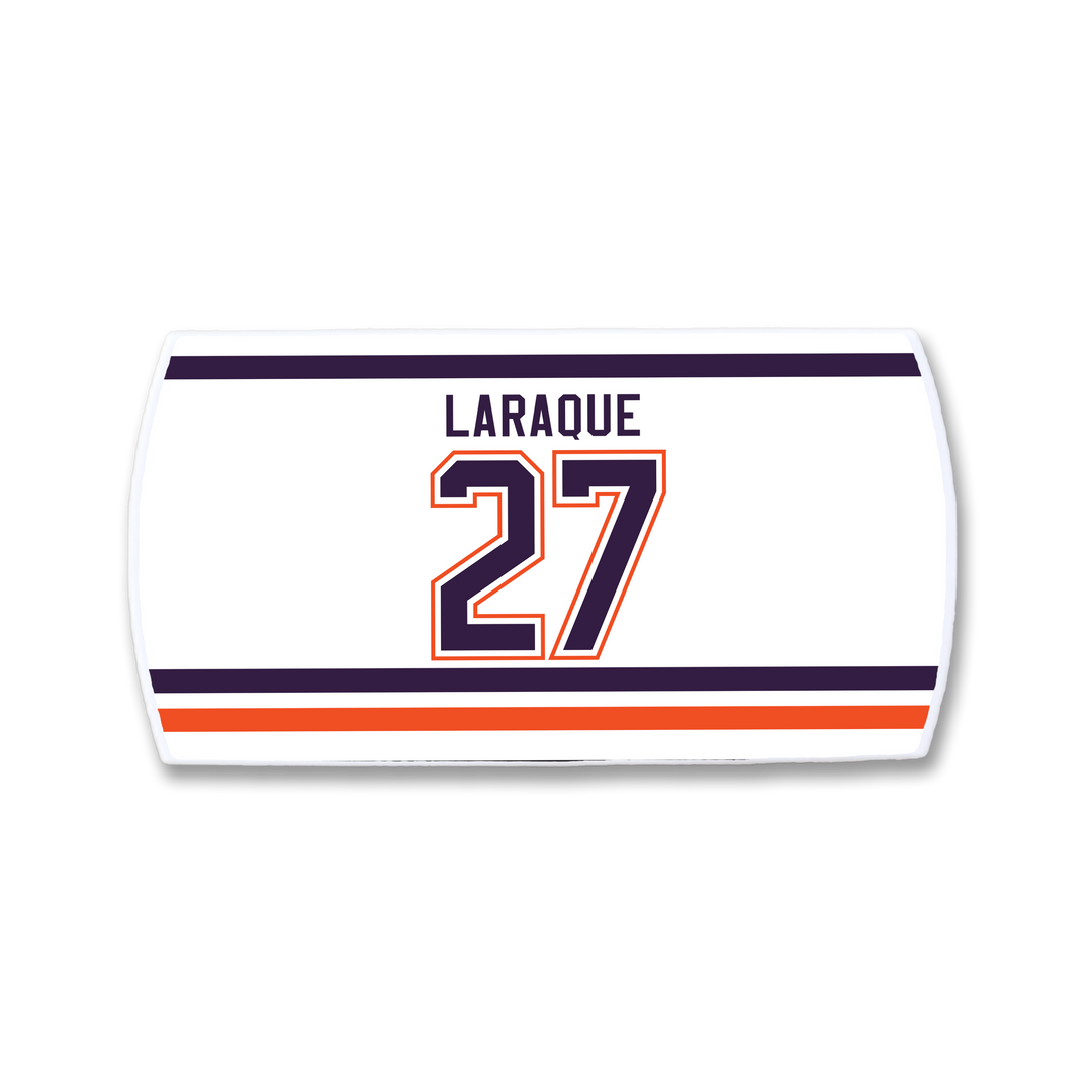 The ZippyBack™ Georges Laraque nameplate is a white hockey jersey patch featuring "LARAQUE" above the number 27 in blue and orange with horizontal stripes—a tribute to legendary enforcer Georges Laraque.
