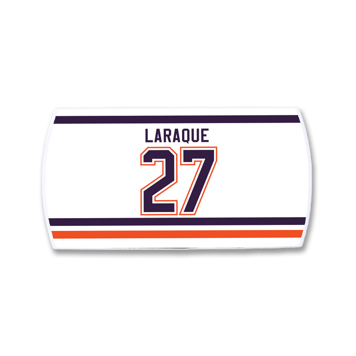 The ZippyBack™ Georges Laraque nameplate is a white hockey jersey patch featuring "LARAQUE" above the number 27 in blue and orange with horizontal stripes—a tribute to legendary enforcer Georges Laraque.