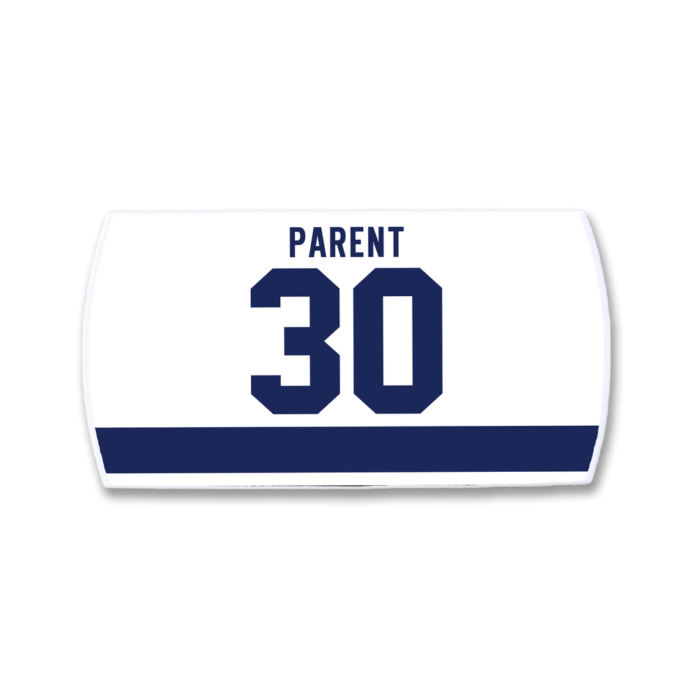 The ZippyBack™ Bernie Parent jersey nameplate features "PARENT" above the number 30 in bold blue and a thick blue stripe, honoring the legendary championship goaltender.