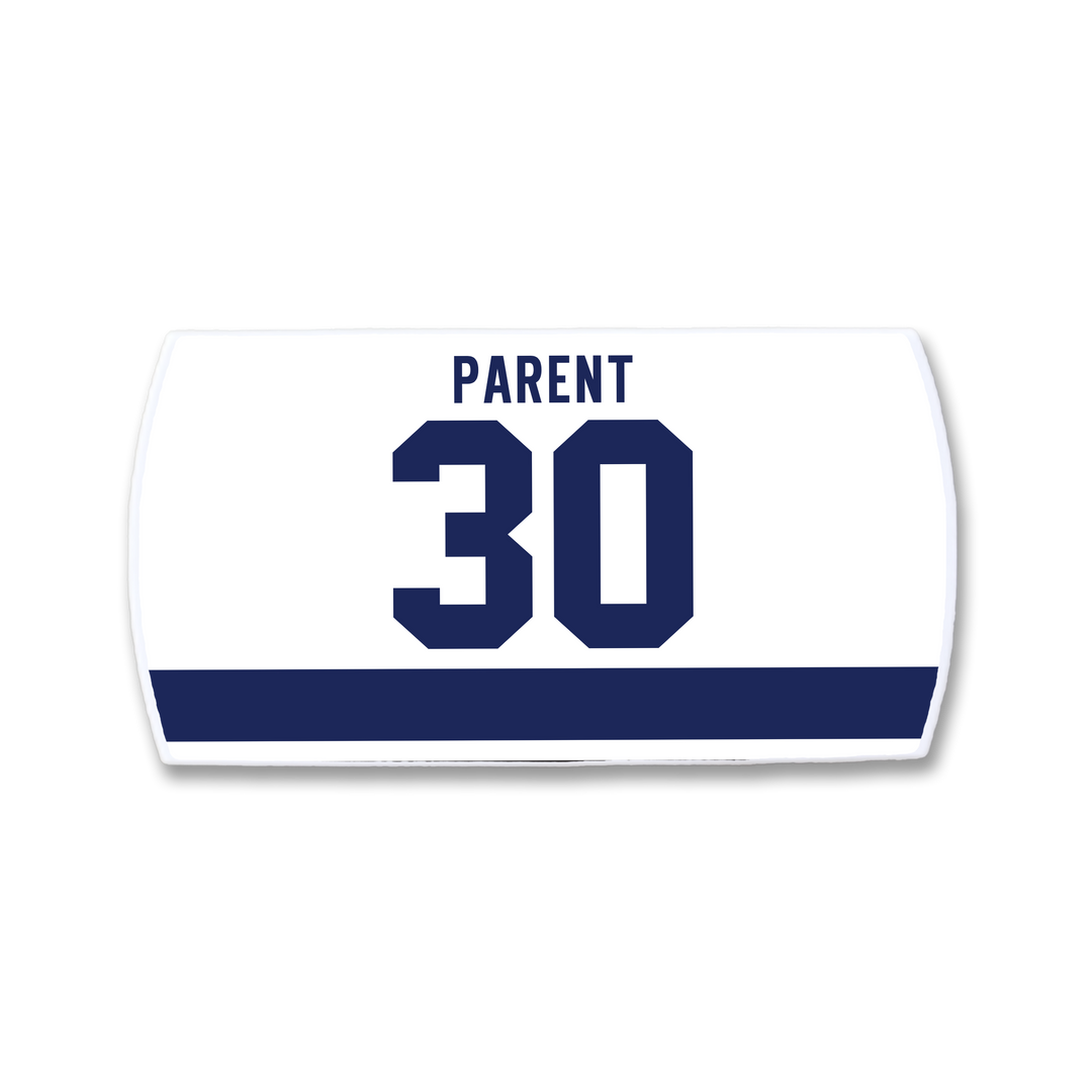 The ZippyBack™ Bernie Parent jersey nameplate features "PARENT" above the number 30 in bold blue and a thick blue stripe, honoring the legendary championship goaltender.