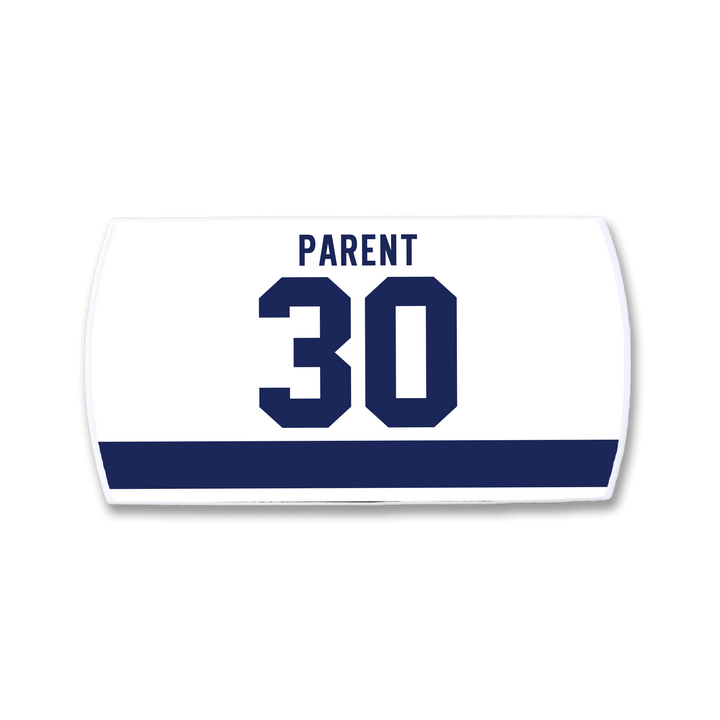 The ZippyBack™ Bernie Parent jersey nameplate features "PARENT" above the number 30 in bold blue and a thick blue stripe, honoring the legendary championship goaltender.